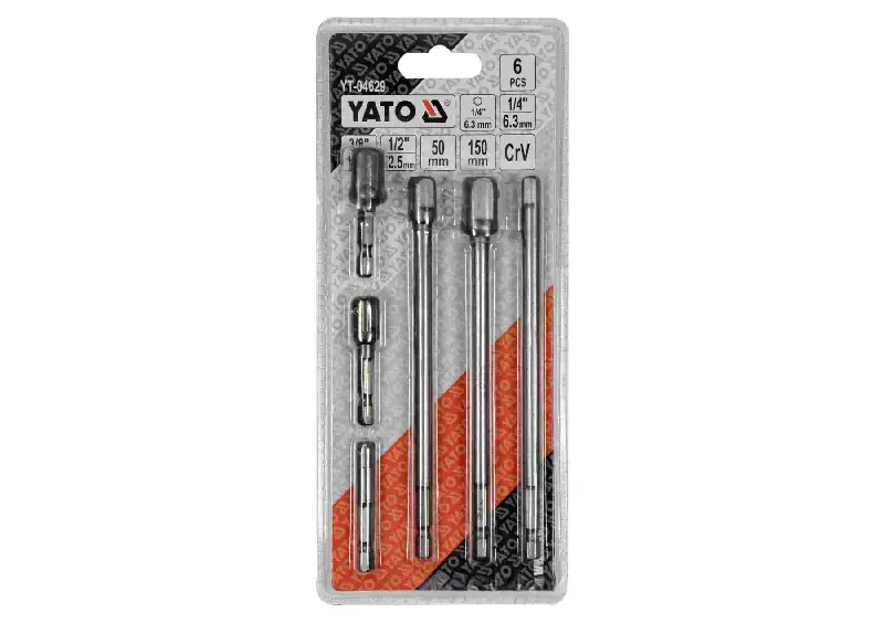 Тримачі-адаптери торцевих головок YATO : квадрат 1/4 , 3/8 , 1/2 L=50 і L=150мм , HEX 1/4 . Crv-V . 6 шт  (вир–во YATO )