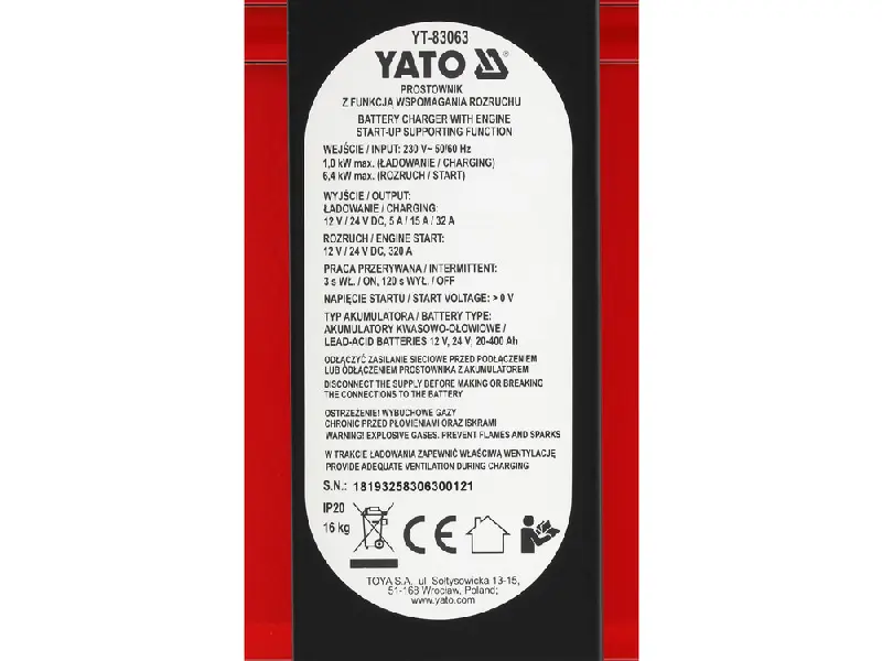 Пуско-зарядний пристрій YATO: акумулятор 12/24 В, 5/15/32 А, 20-400 Аh, 320А