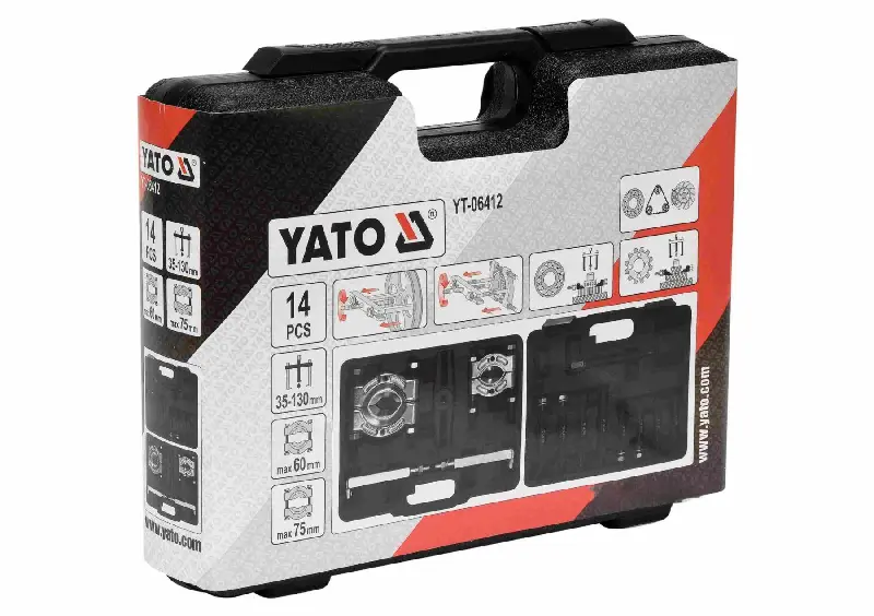 Знімач універсальний і 2 розділювачі YATO : діапаз.- 35-130 мм, до Ø≤ 60 і 75 мм, 14 шт + кейс