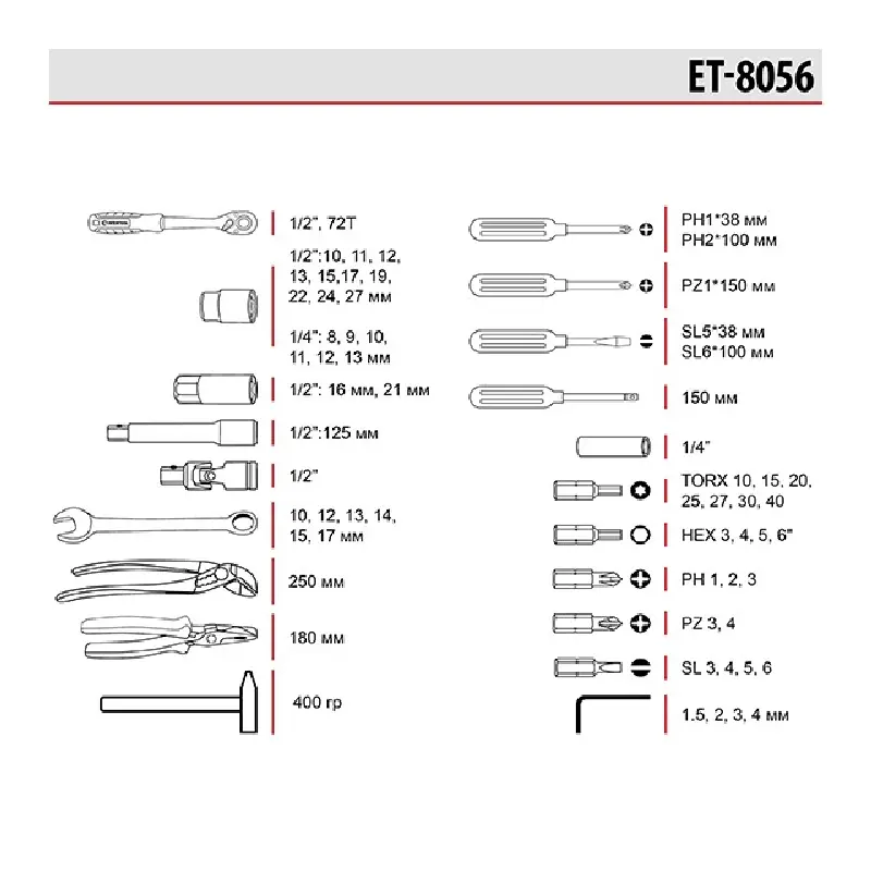 Набір інструментів 1/2 ” 1/4″, 56ед., Cr-V (в-во INTERTOOL)